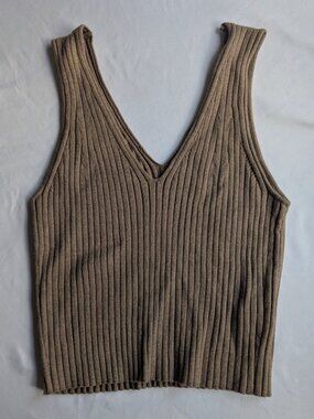 Quince Ribbed Knit V-Neck Sweater Tank Taupe Brown Size L